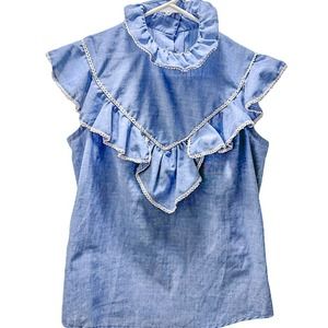 VINTAGE Chambray Blouse with Western Flare Ruffles